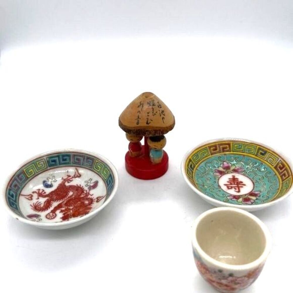 Lot of Vintage Japanese Dishes and Hand Carved Figures 1950s